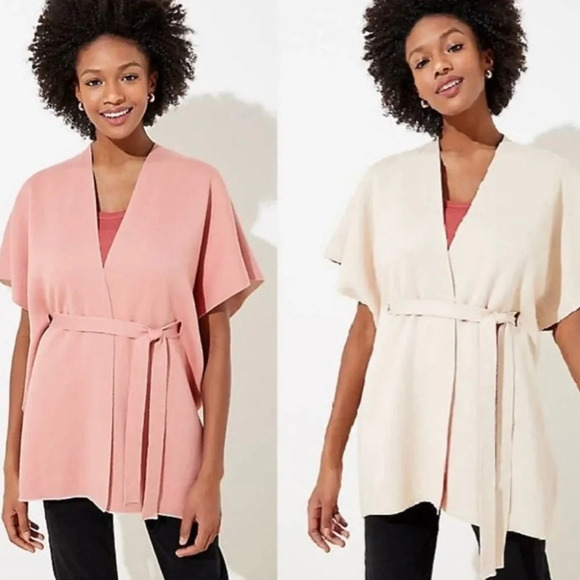 LOFT NWT Tan & Salmon Pink Reversible Belted Knit Poncho Xsmall/Small Women’s - Picture 1 of 14
